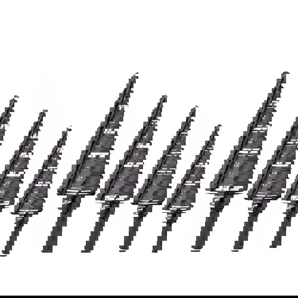 Step Drill Bits; Tool Material: High-Speed Steel ; Number Of Hole Sizes: 10 ; Shank Type: Round with Flats ; Hole Diameter: 1/4 to 1-3/8 ; Series: Rapid Strike ; Number Of Flats: 3